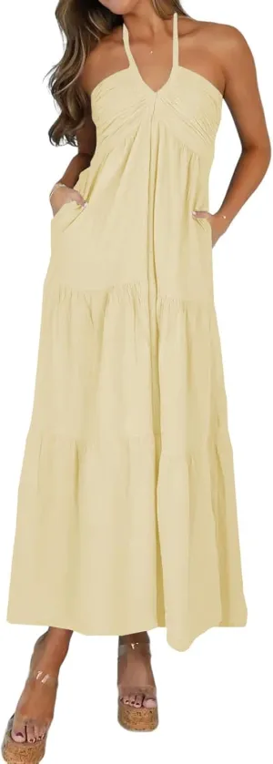 Women's Casual Halter Tiered Vacation Maxi Dress with Pockets