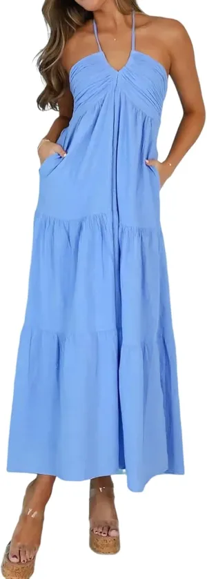 Women's Casual Halter Tiered Vacation Maxi Dress with Pockets