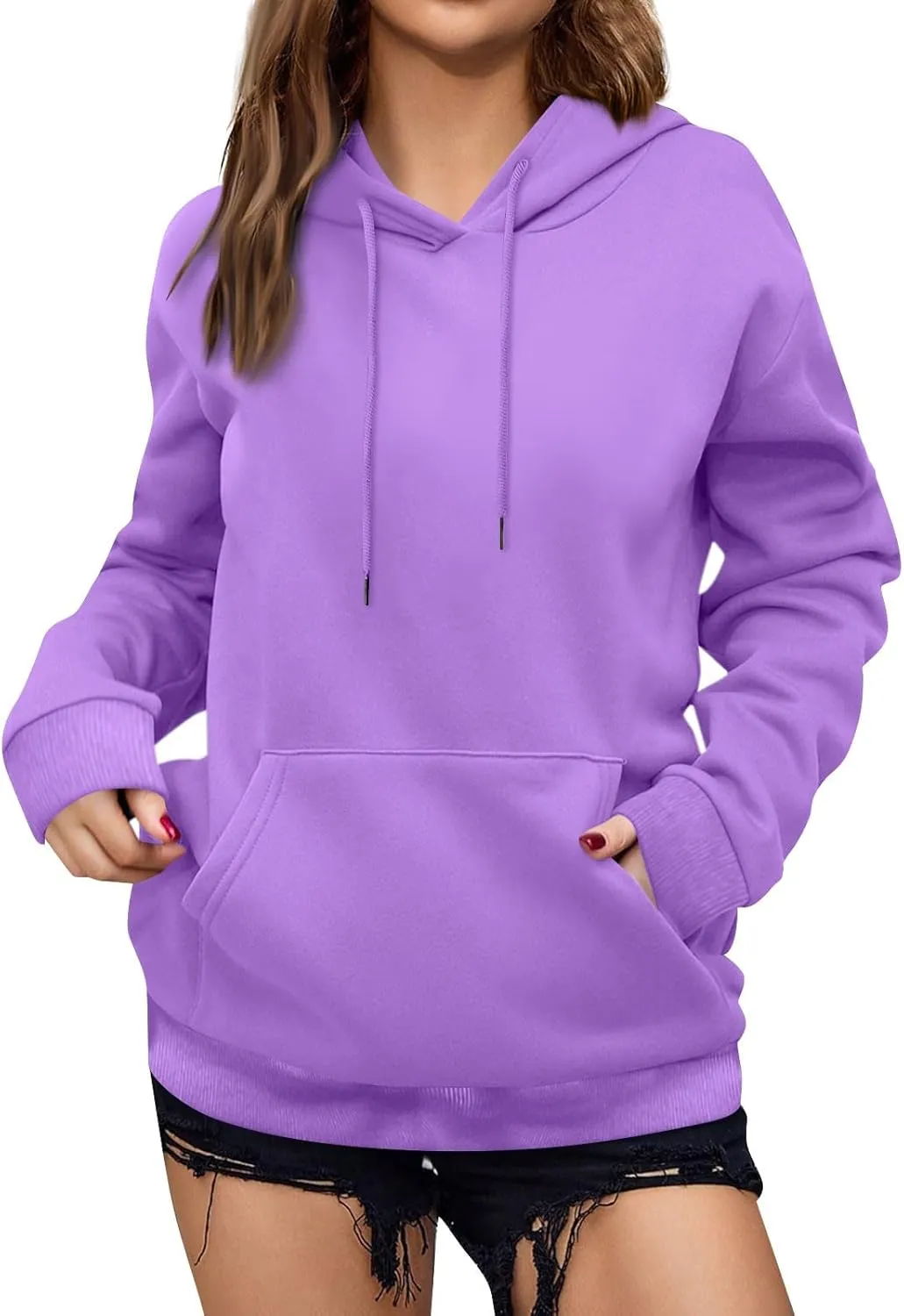 Women's Casual Hoodies Long Sleeve Lightweight Solid Pullover Tops Loose Fall Winter Sweatshirt with Pocket