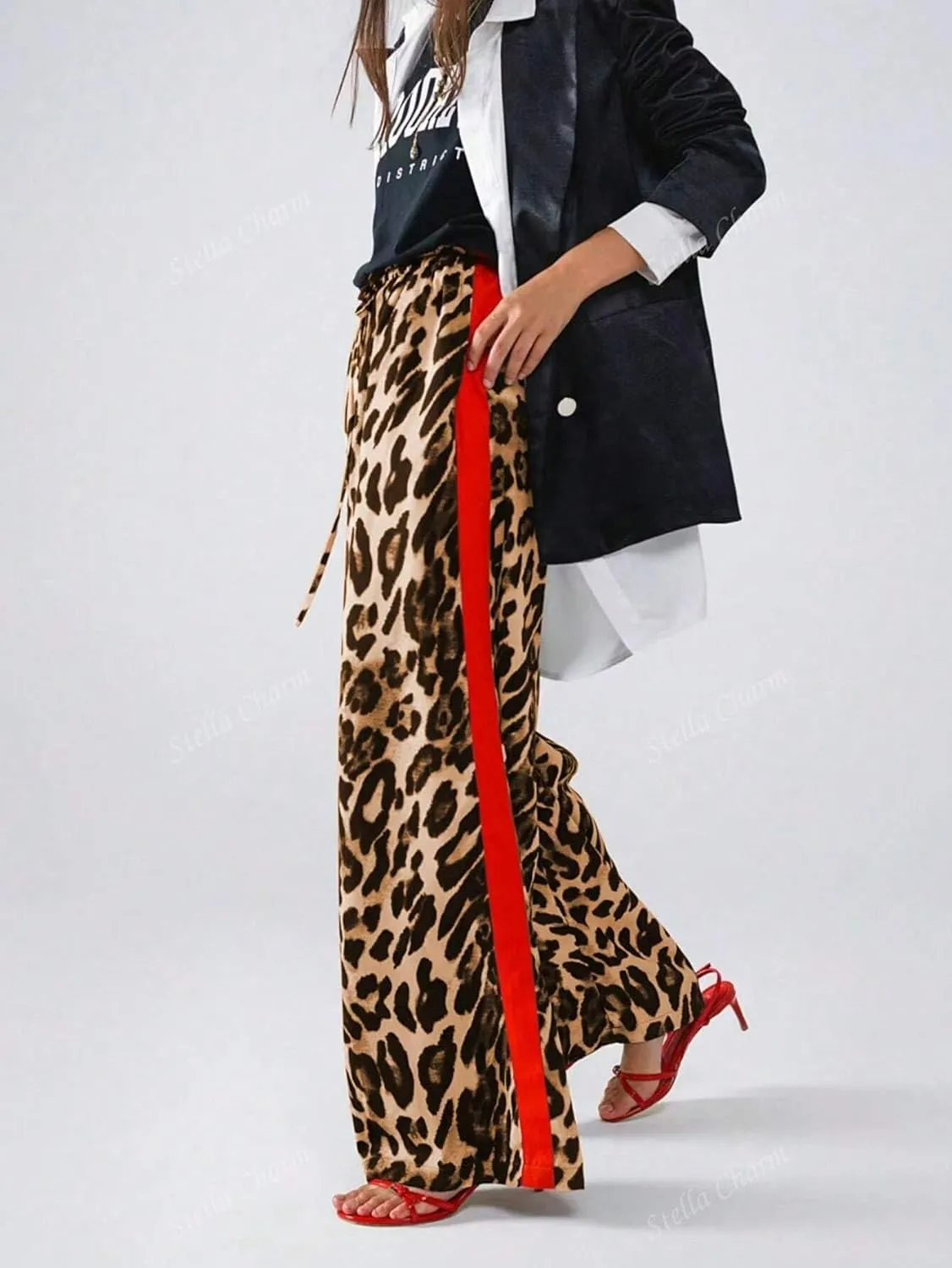 Women's Casual Pants Drawstring Leopard Print Color Block Side Striped Straight Leg Wide Leg Loose Pants