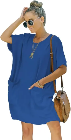 Women’s Casual Summer T Shirt Dress Elastic Loose Short Sleeve Dress with Pocket for Women