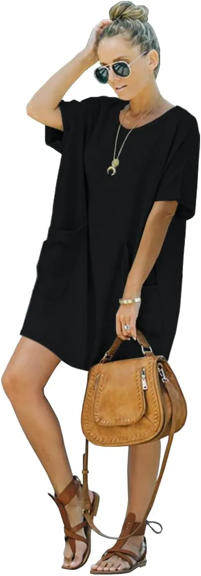 Women’s Casual Summer T Shirt Dress Elastic Loose Short Sleeve Dress with Pocket for Women