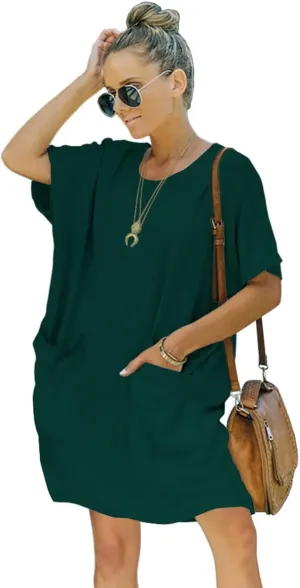 Women’s Casual Summer T Shirt Dress Elastic Loose Short Sleeve Dress with Pocket for Women