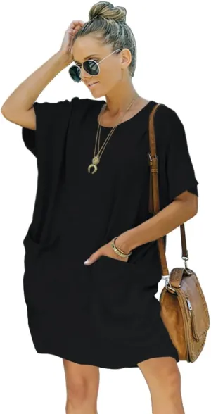 Women’s Casual Summer T Shirt Dress Elastic Loose Short Sleeve Dress with Pocket for Women