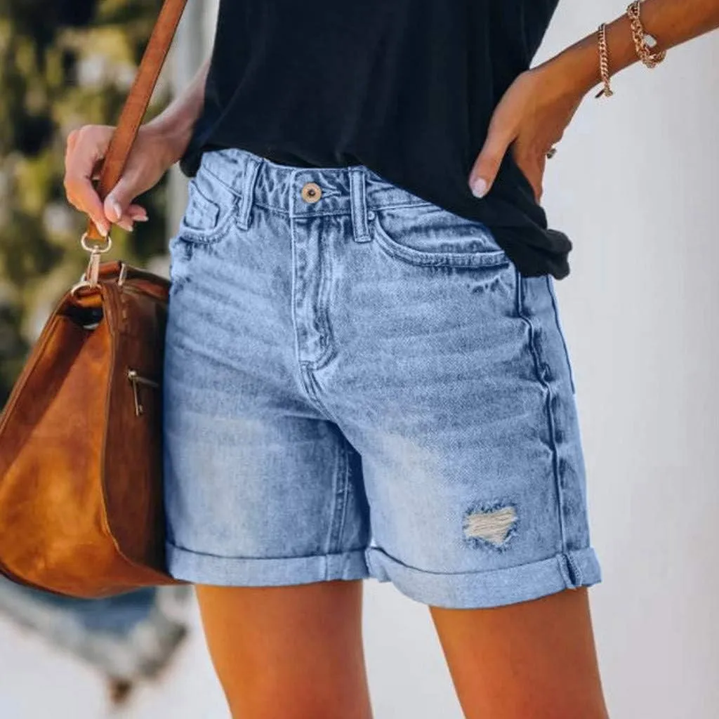 Womens Denim Shorts Stretchy Mid High Waisted Summer Beach Plus Size Casual Trendy Ripped Loose Fit Hot Short Jeans