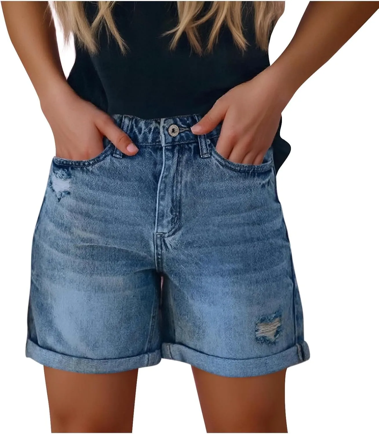 Womens Denim Shorts Stretchy Mid High Waisted Summer Beach Plus Size Casual Trendy Ripped Loose Fit Hot Short Jeans