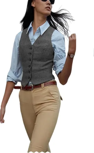 Women's Herringbone Tweed Waistcoat Slim Fit V-Neck Dressy Suit Vest