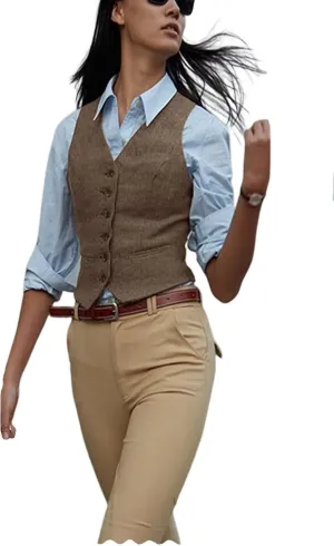 Women's Herringbone Tweed Waistcoat Slim Fit V-Neck Dressy Suit Vest