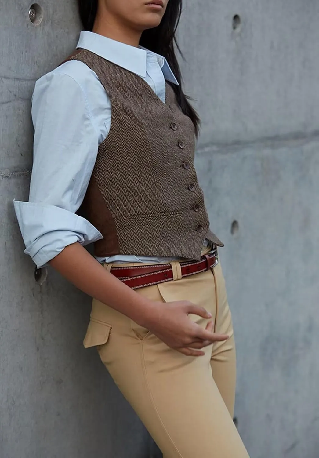 Women's Herringbone Tweed Waistcoat Slim Fit V-Neck Dressy Suit Vest