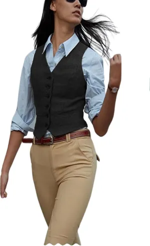 Women's Herringbone Tweed Waistcoat Slim Fit V-Neck Dressy Suit Vest