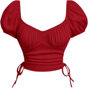 Women's Ruched Crop T Shirt Puff Sleeve Drawstring Side Slim Tee Top