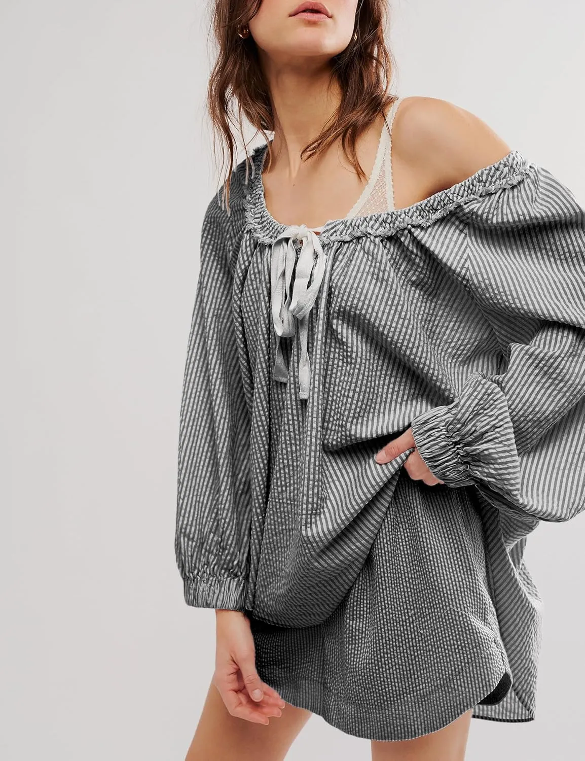 Womens Striped Blouse Long Sleeve Shirts Bow Tie Front Casual Loose Tunic Tops