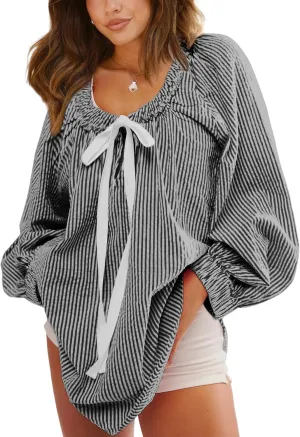 Womens Striped Blouse Long Sleeve Shirts Bow Tie Front Casual Loose Tunic Tops