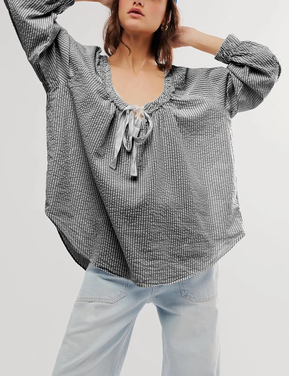 Womens Striped Blouse Long Sleeve Shirts Bow Tie Front Casual Loose Tunic Tops