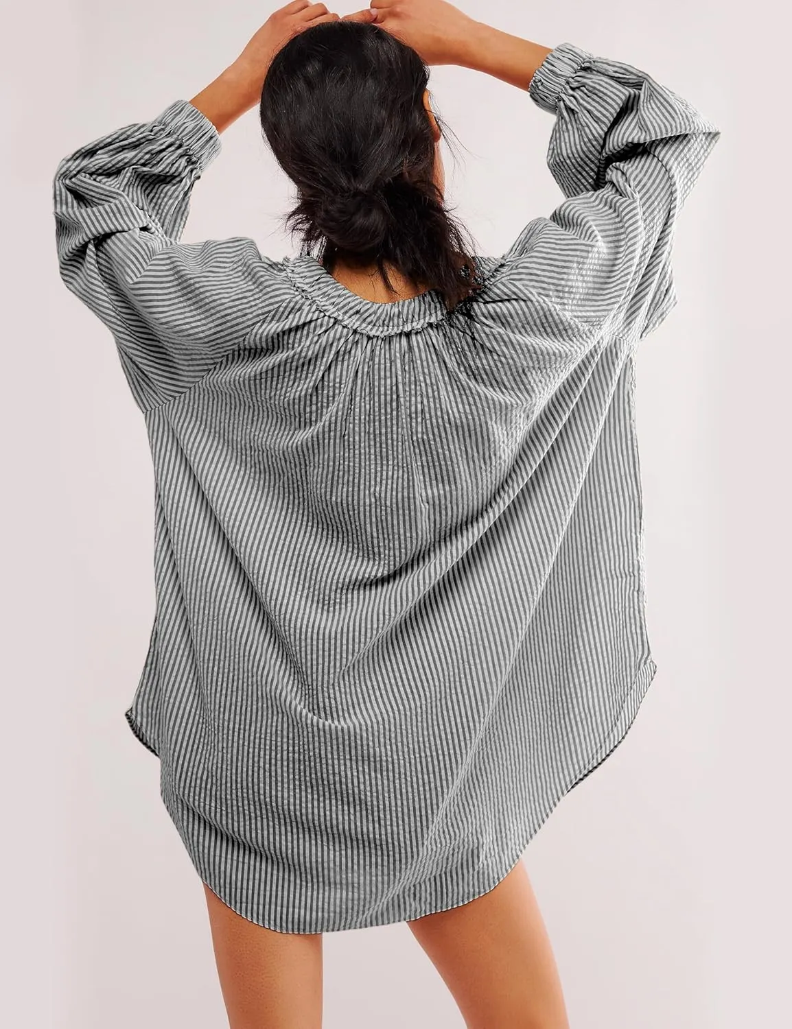 Womens Striped Blouse Long Sleeve Shirts Bow Tie Front Casual Loose Tunic Tops