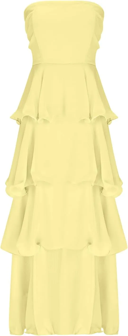 Women's Summer Boho Sleeveless Maxi Dress Off Shoulder Tube Ruffle Tiered Layered Swing Long Beach Vacation Dresses