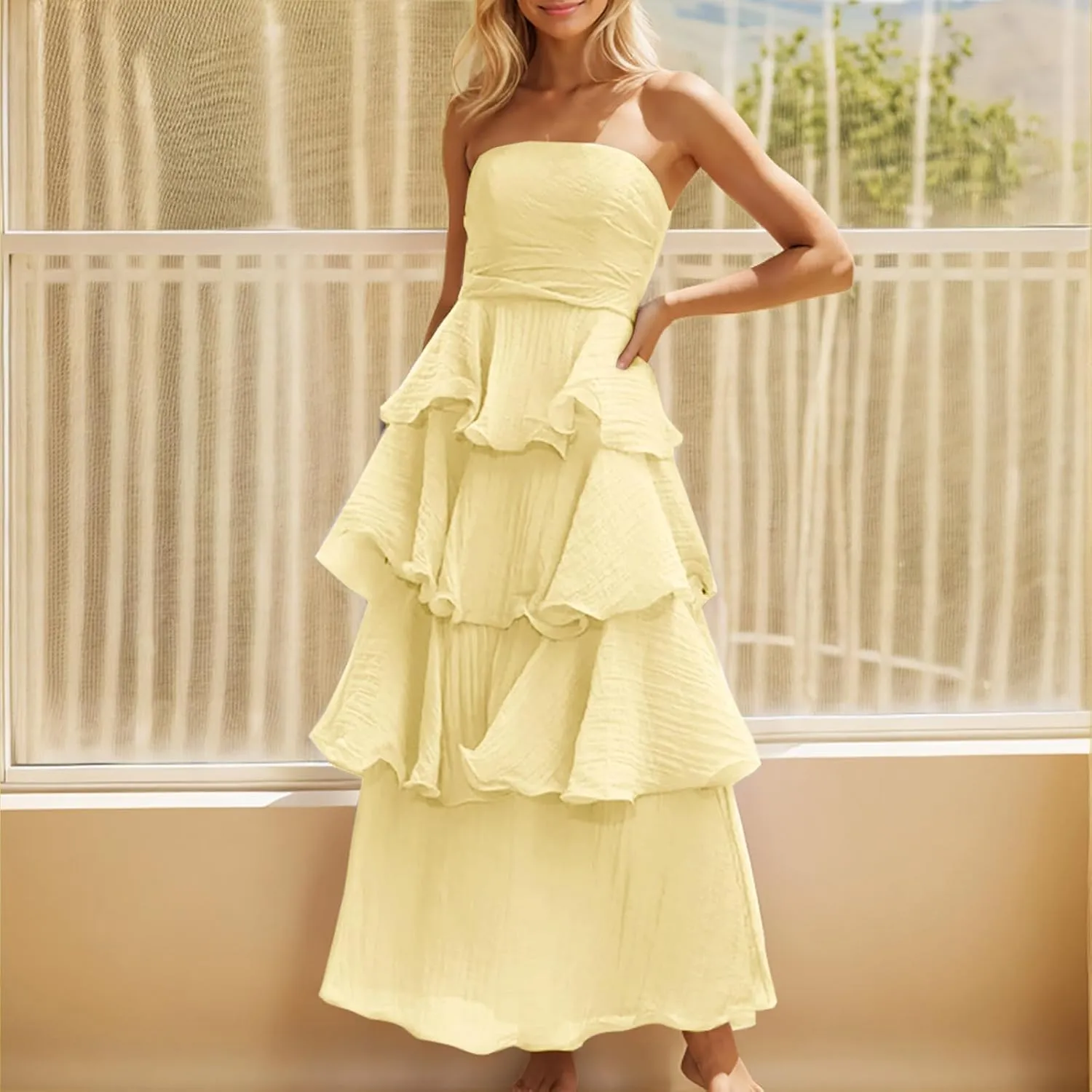 Women's Summer Boho Sleeveless Maxi Dress Off Shoulder Tube Ruffle Tiered Layered Swing Long Beach Vacation Dresses