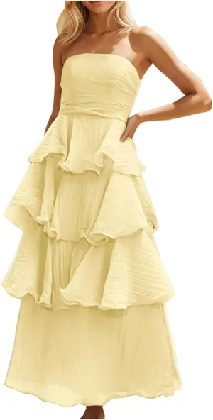 Women's Summer Boho Sleeveless Maxi Dress Off Shoulder Tube Ruffle Tiered Layered Swing Long Beach Vacation Dresses