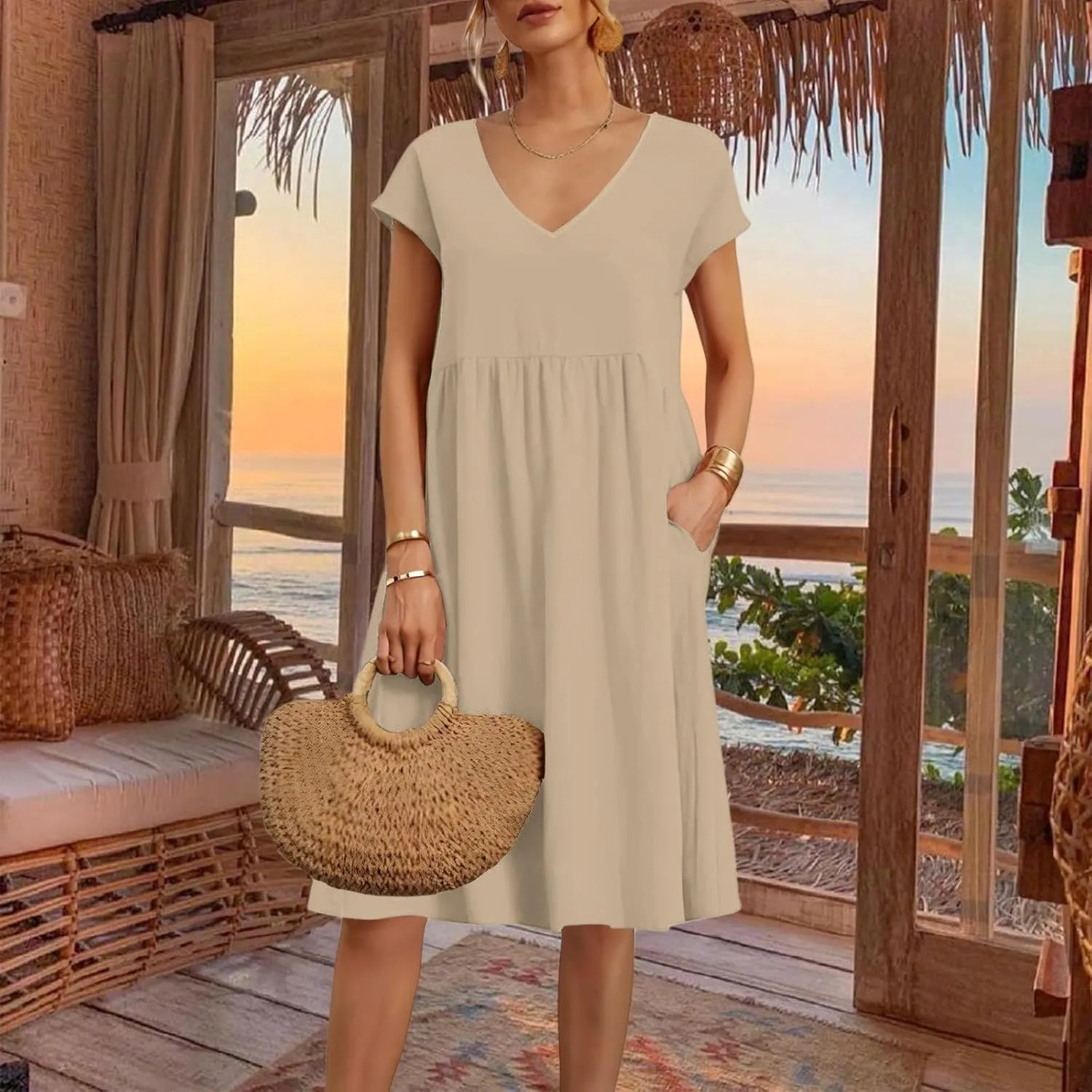 Women's Summer Dresses 2025 Beach Casual Deep V Neck Loose Short Sleeve Mini Sundress with Pockets