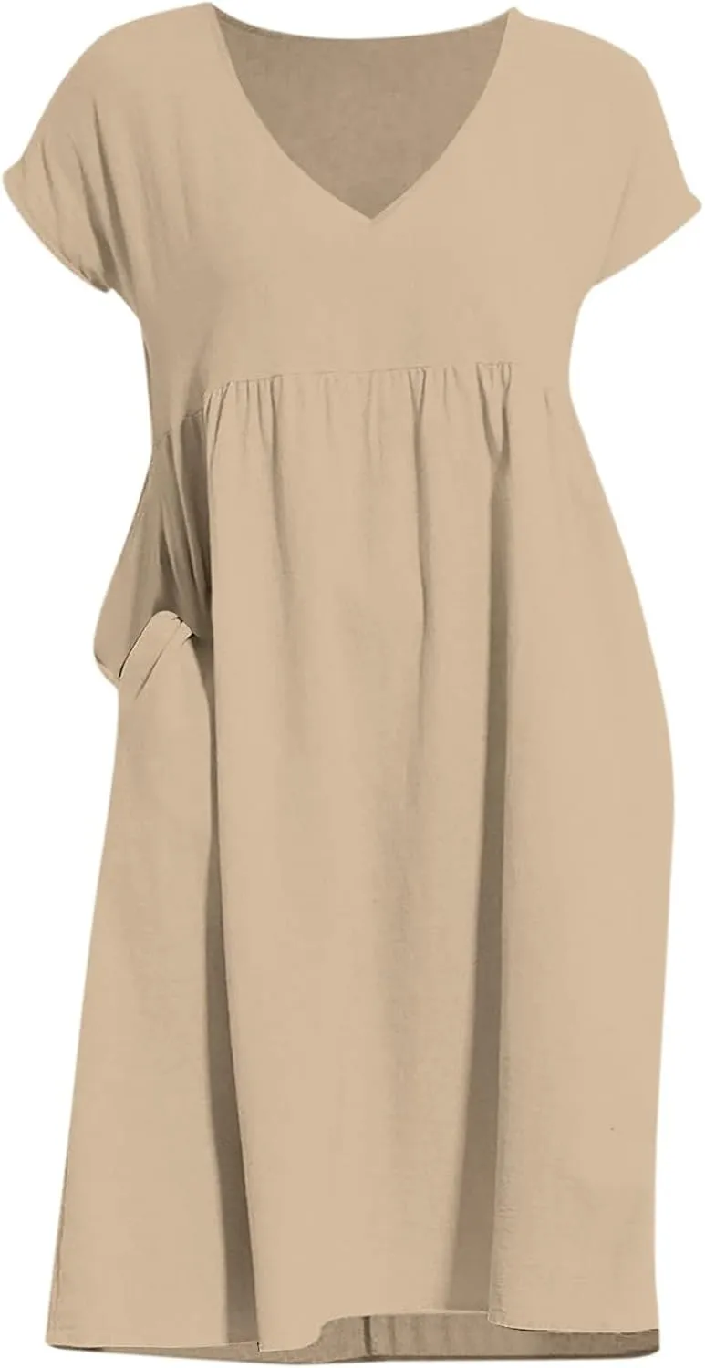 Women's Summer Dresses 2025 Beach Casual Deep V Neck Loose Short Sleeve Mini Sundress with Pockets