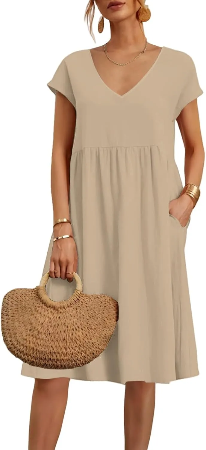 Women's Summer Dresses 2025 Beach Casual Deep V Neck Loose Short Sleeve Mini Sundress with Pockets