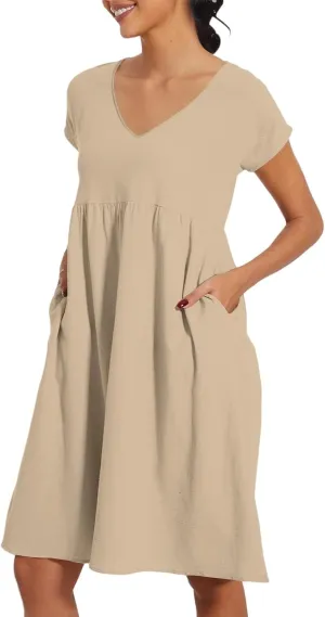 Women's Summer Dresses 2025 Beach Casual Deep V Neck Loose Short Sleeve Mini Sundress with Pockets
