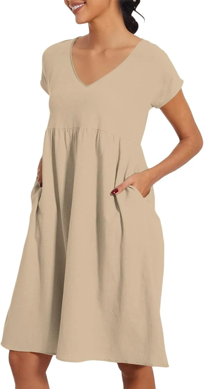 Women's Summer Dresses 2025 Beach Casual Deep V Neck Loose Short Sleeve Mini Sundress with Pockets