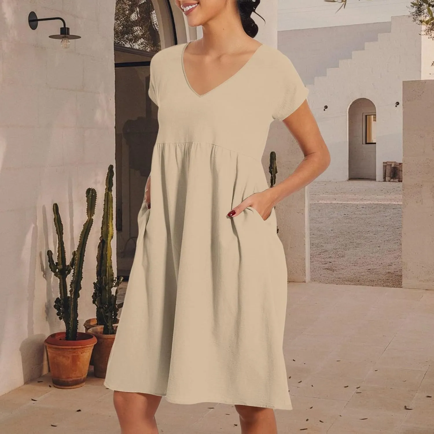 Women's Summer Dresses 2025 Beach Casual Deep V Neck Loose Short Sleeve Mini Sundress with Pockets