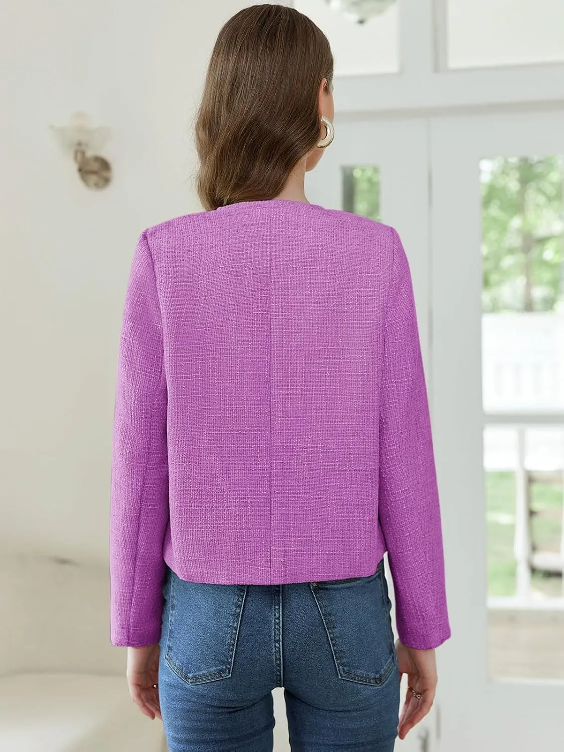 Women's Tweed Jackets Long Sleeve Business Button Down Casual Cropped Blazer with Pockets