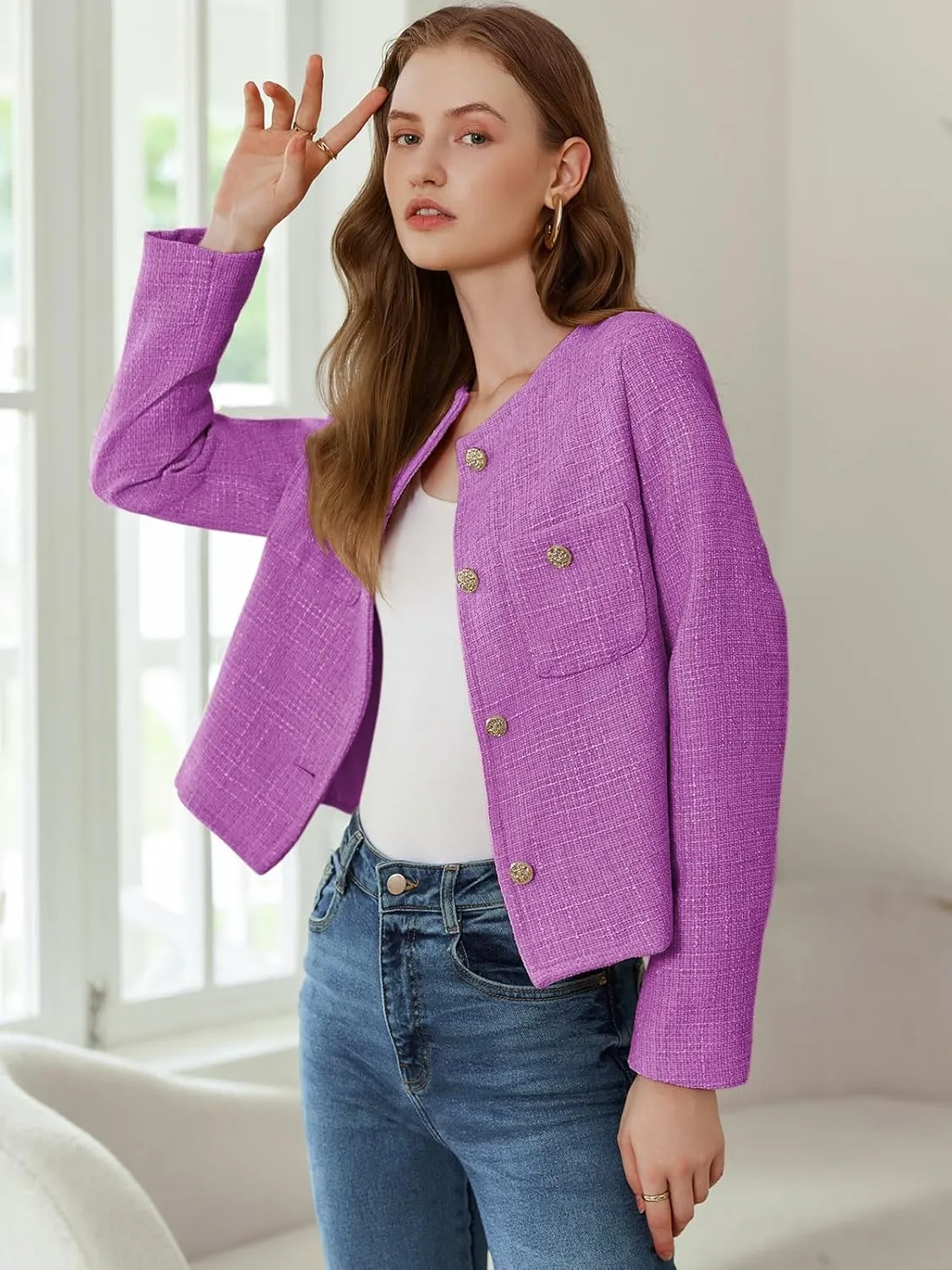 Women's Tweed Jackets Long Sleeve Business Button Down Casual Cropped Blazer with Pockets