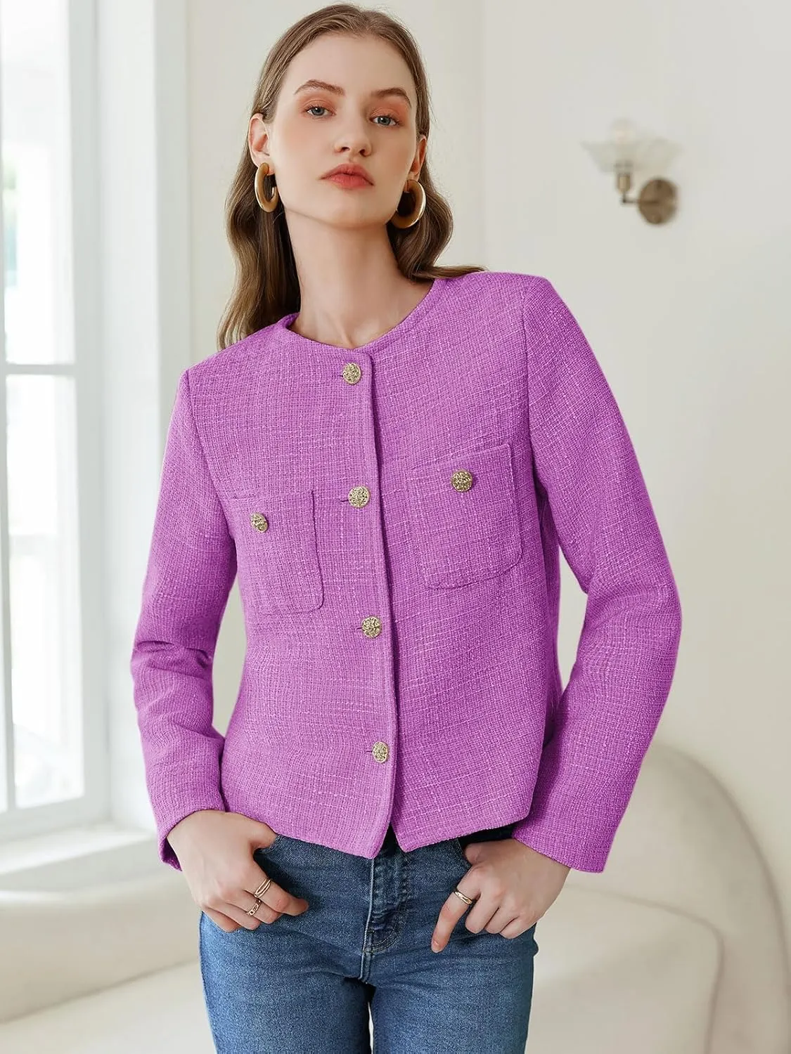 Women's Tweed Jackets Long Sleeve Business Button Down Casual Cropped Blazer with Pockets