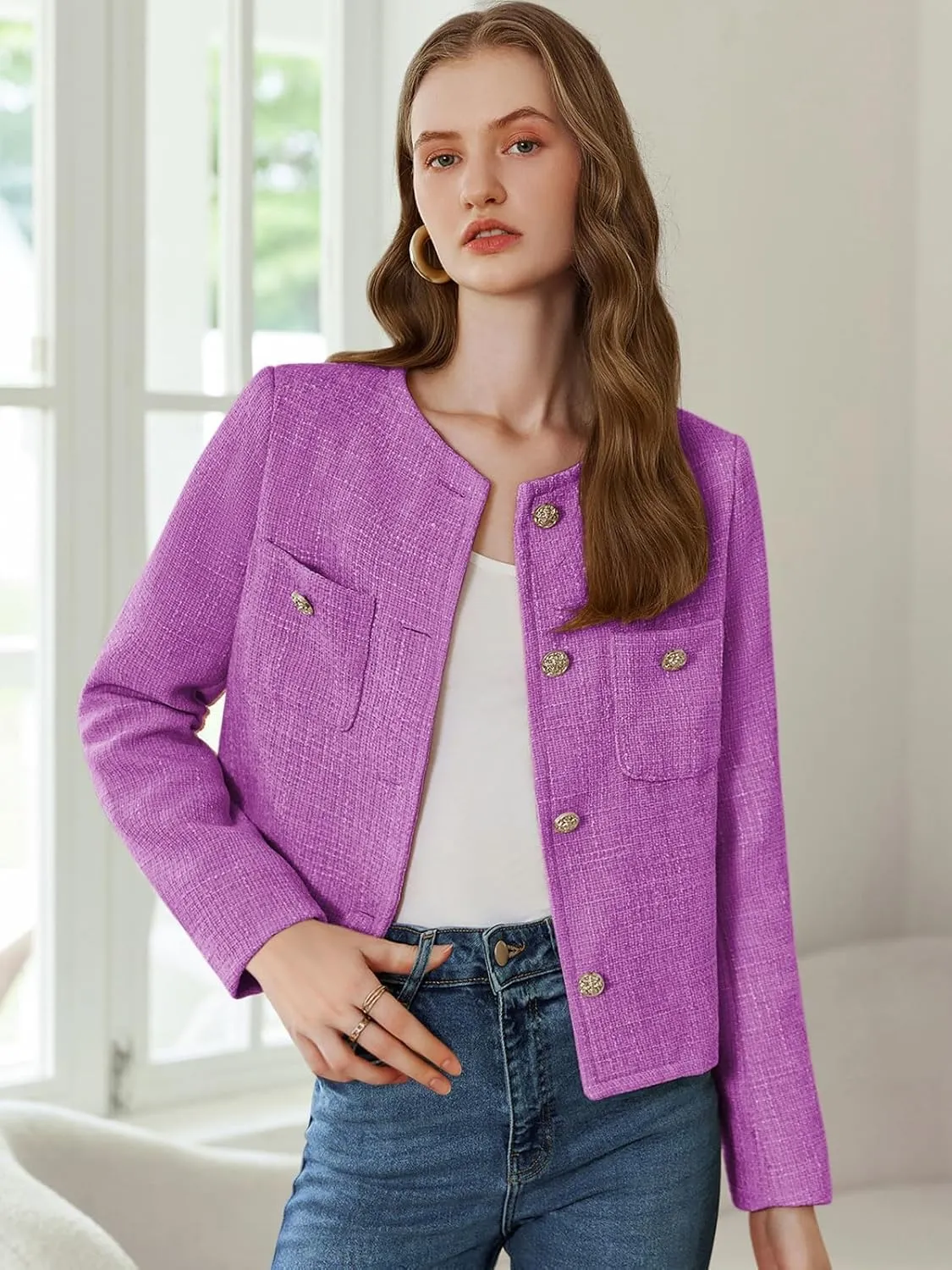 Women's Tweed Jackets Long Sleeve Business Button Down Casual Cropped Blazer with Pockets