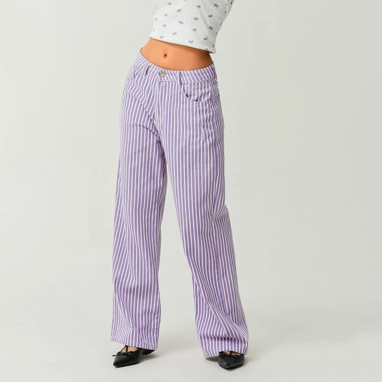 Women's Vintage Striped Bell Bottom Jeans Classic High Rise Wide Leg Baggy Denim Pants Boyfriend Jeans Pockets