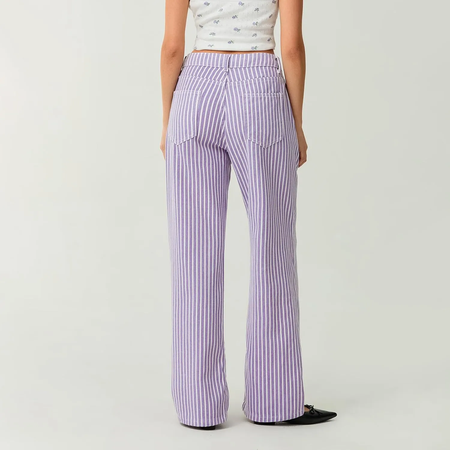 Women's Vintage Striped Bell Bottom Jeans Classic High Rise Wide Leg Baggy Denim Pants Boyfriend Jeans Pockets