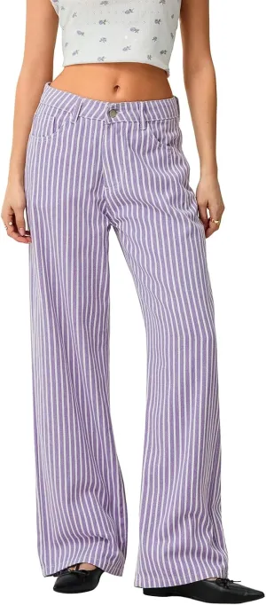 Women's Vintage Striped Bell Bottom Jeans Classic High Rise Wide Leg Baggy Denim Pants Boyfriend Jeans Pockets