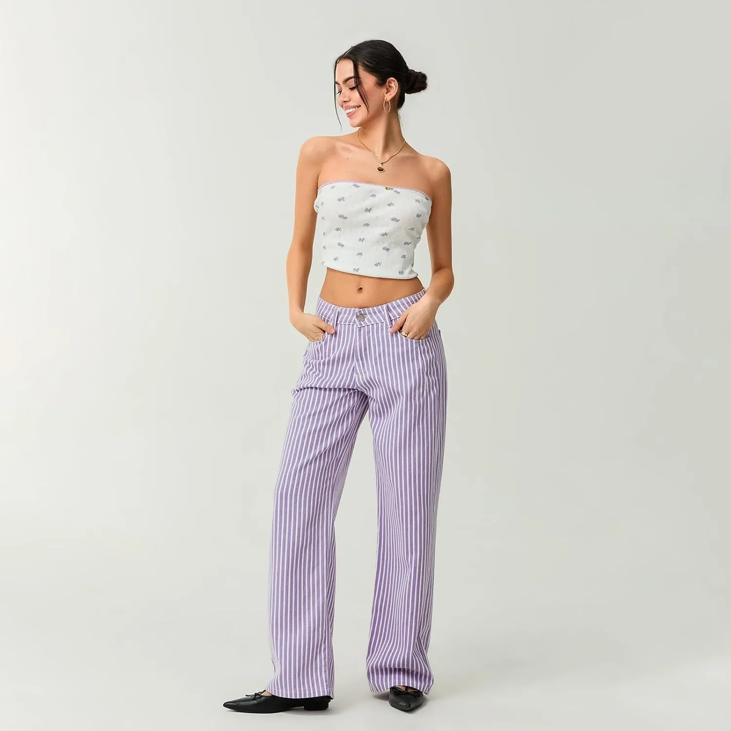 Women's Vintage Striped Bell Bottom Jeans Classic High Rise Wide Leg Baggy Denim Pants Boyfriend Jeans Pockets