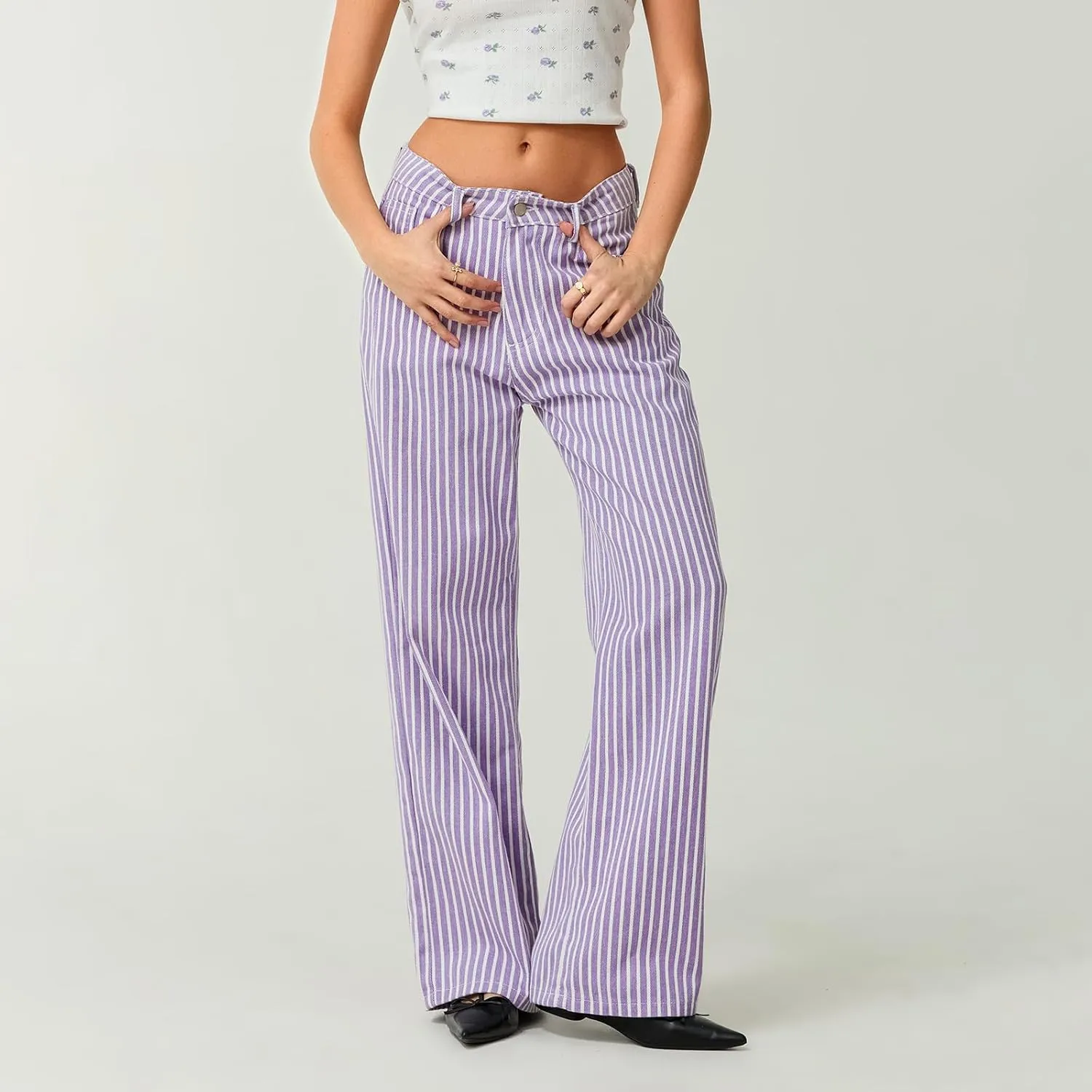 Women's Vintage Striped Bell Bottom Jeans Classic High Rise Wide Leg Baggy Denim Pants Boyfriend Jeans Pockets