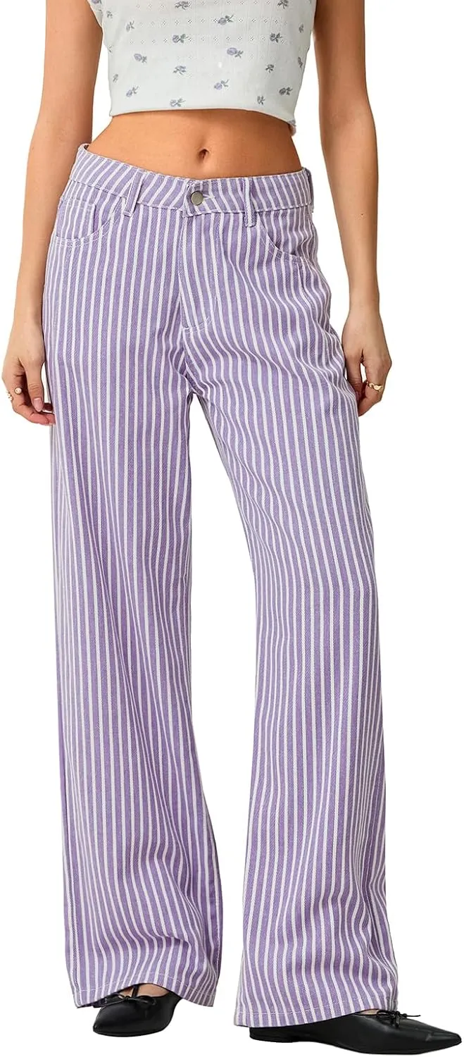 Women's Vintage Striped Bell Bottom Jeans Classic High Rise Wide Leg Baggy Denim Pants Boyfriend Jeans Pockets