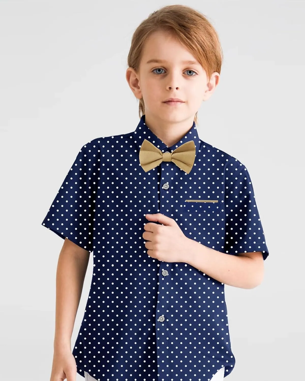 YALLET Boys Button Down Shirts Short Sleeve Wedding Outfits Polka Dot Print Summer Casual Clothes with Bow Tie 5-10T