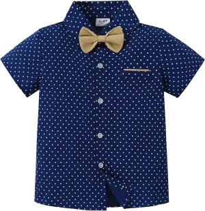 YALLET Boys Button Down Shirts Short Sleeve Wedding Outfits Polka Dot Print Summer Casual Clothes with Bow Tie 5-10T