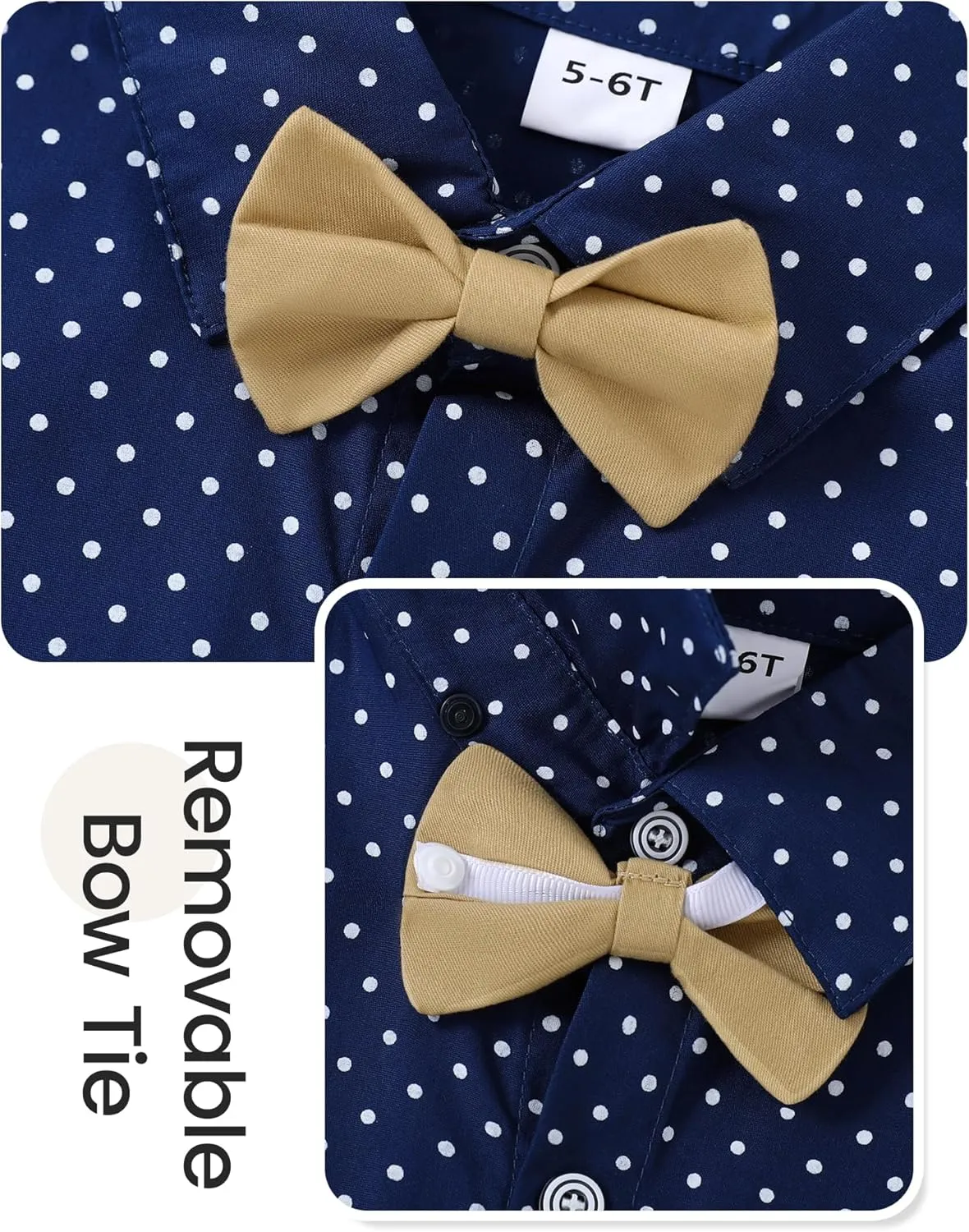 YALLET Boys Button Down Shirts Short Sleeve Wedding Outfits Polka Dot Print Summer Casual Clothes with Bow Tie 5-10T