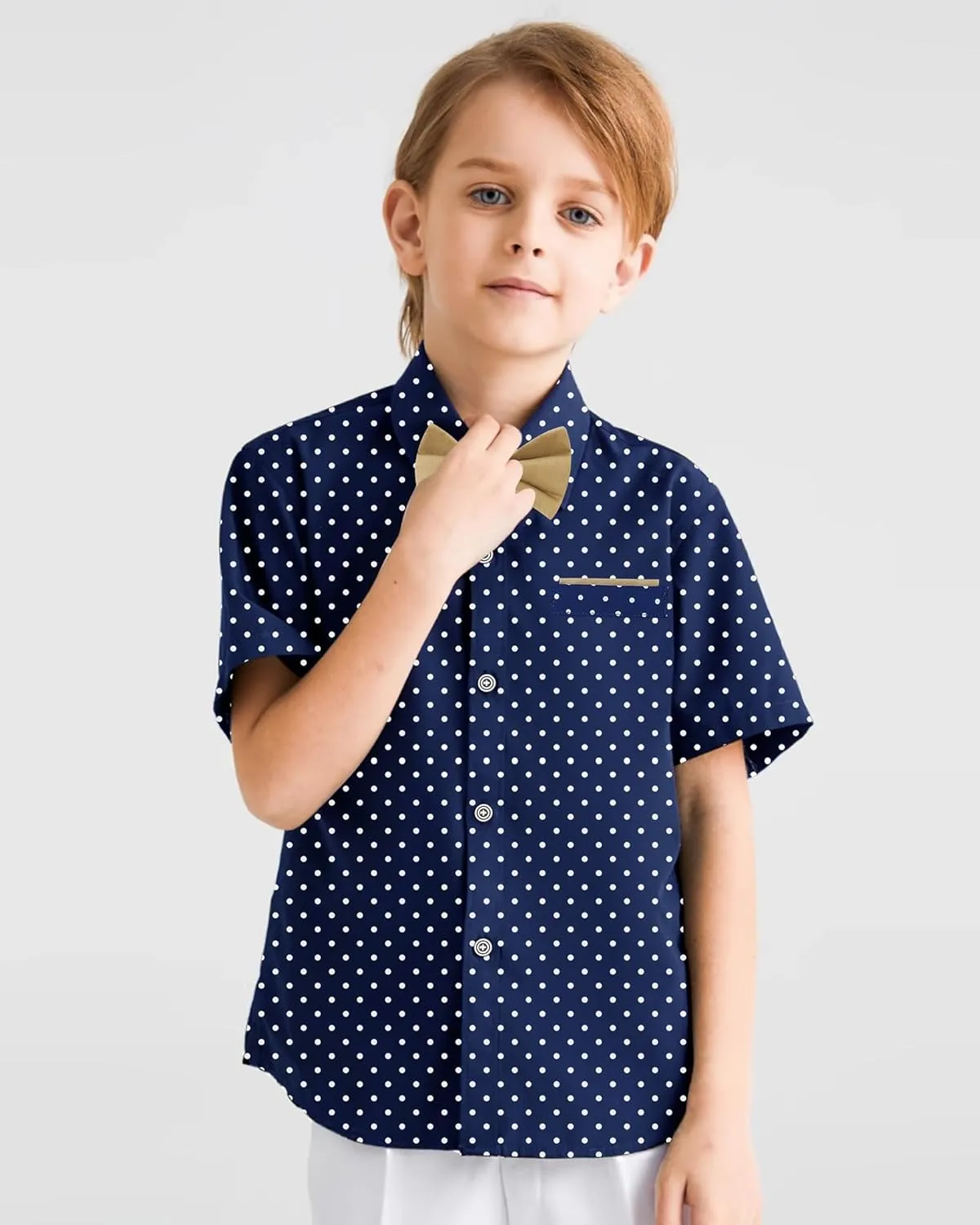 YALLET Boys Button Down Shirts Short Sleeve Wedding Outfits Polka Dot Print Summer Casual Clothes with Bow Tie 5-10T