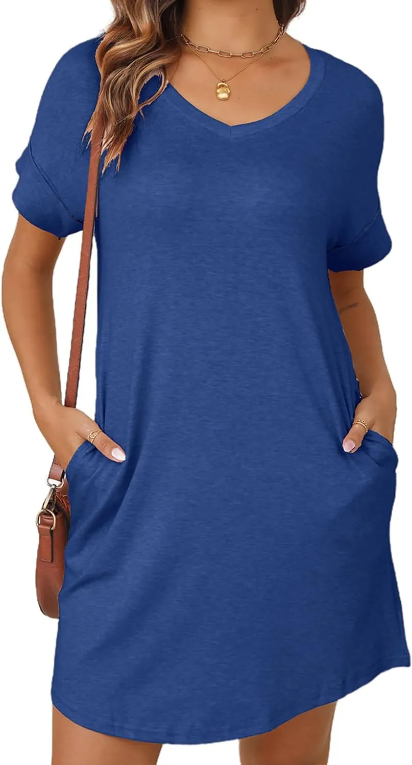 YEXIPO Womens Summer Dresses 2025 Short Sleeve V Neck Loose Casual Solid Color Tshirt Dress with Pockets