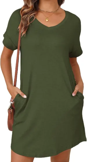 YEXIPO Womens Summer Dresses 2025 Short Sleeve V Neck Loose Casual Solid Color Tshirt Dress with Pockets