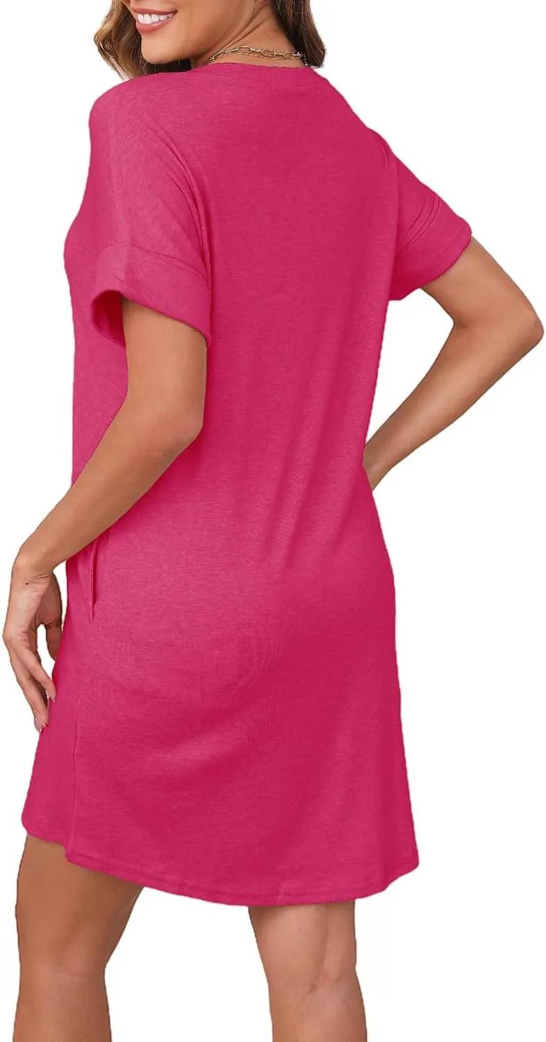 YEXIPO Womens Summer Dresses 2025 Short Sleeve V Neck Loose Casual Solid Color Tshirt Dress with Pockets