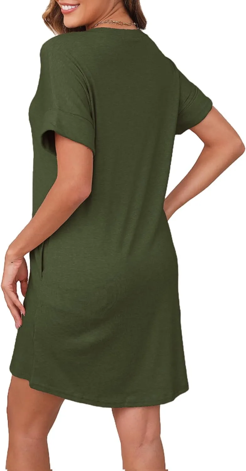 YEXIPO Womens Summer Dresses 2025 Short Sleeve V Neck Loose Casual Solid Color Tshirt Dress with Pockets