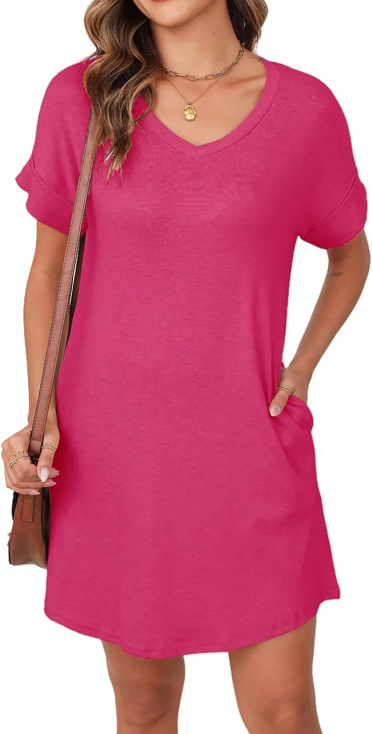 YEXIPO Womens Summer Dresses 2025 Short Sleeve V Neck Loose Casual Solid Color Tshirt Dress with Pockets