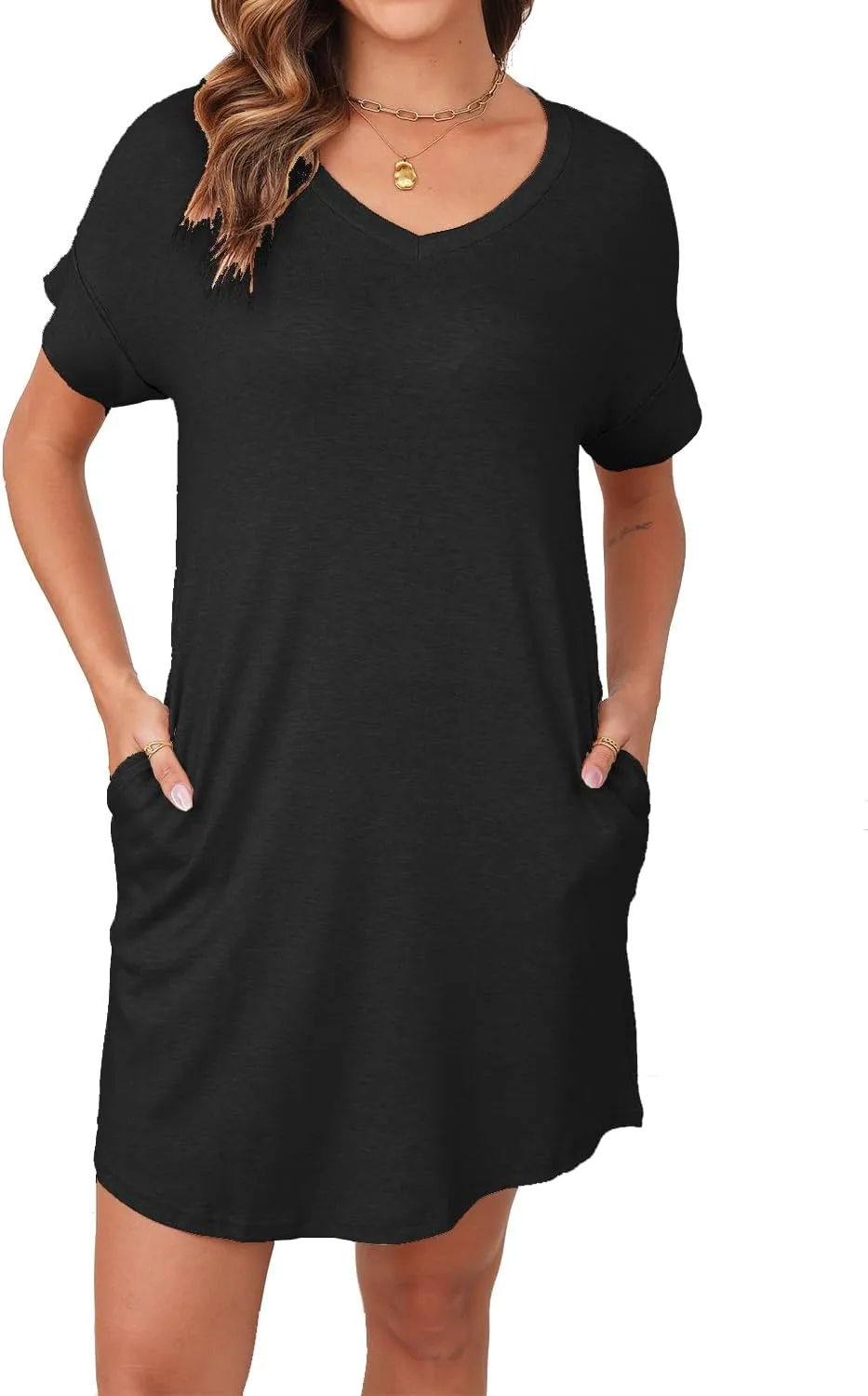 YEXIPO Womens Summer Dresses 2025 Short Sleeve V Neck Loose Casual Solid Color Tshirt Dress with Pockets