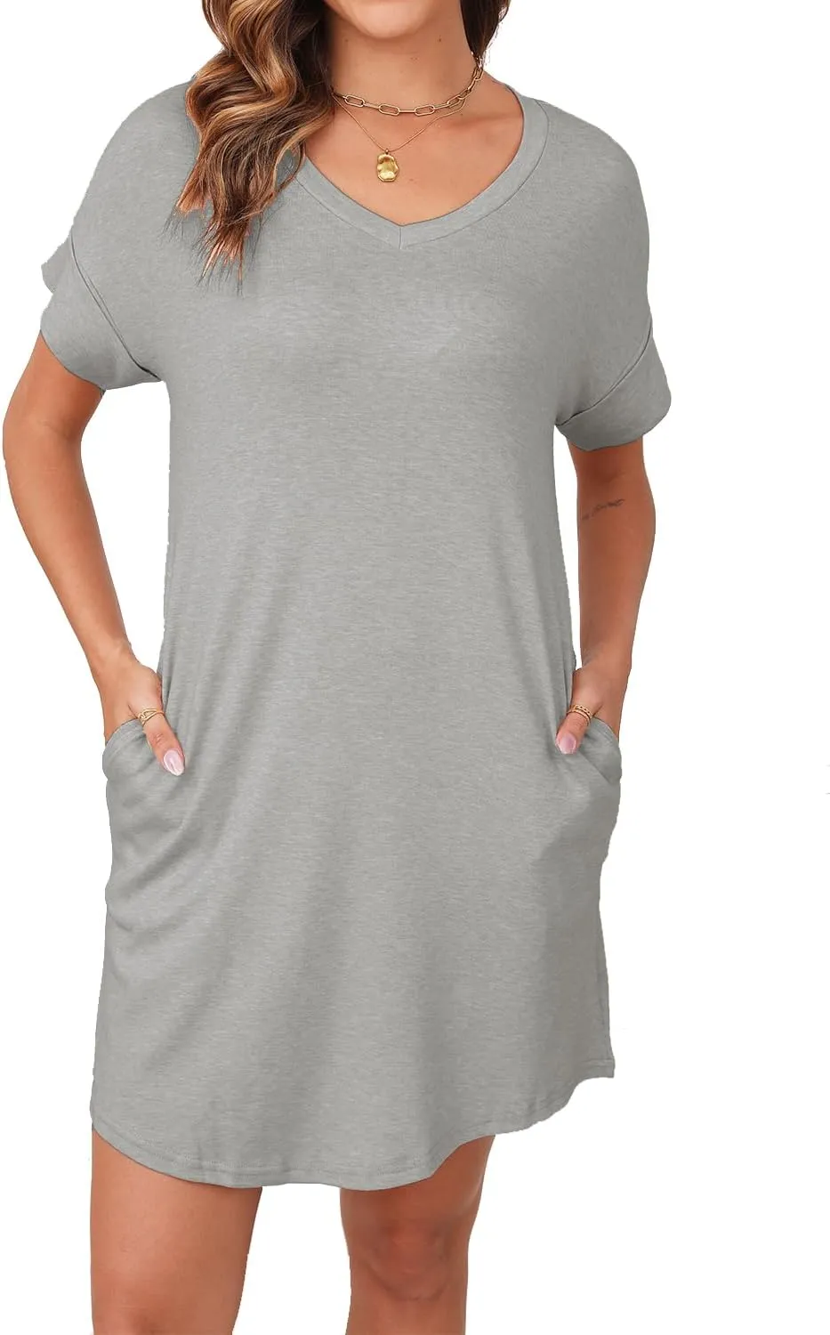 YEXIPO Womens Summer Dresses 2025 Short Sleeve V Neck Loose Casual Solid Color Tshirt Dress with Pockets