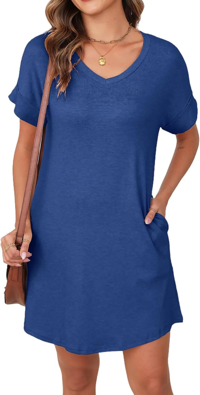 YEXIPO Womens Summer Dresses 2025 Short Sleeve V Neck Loose Casual Solid Color Tshirt Dress with Pockets